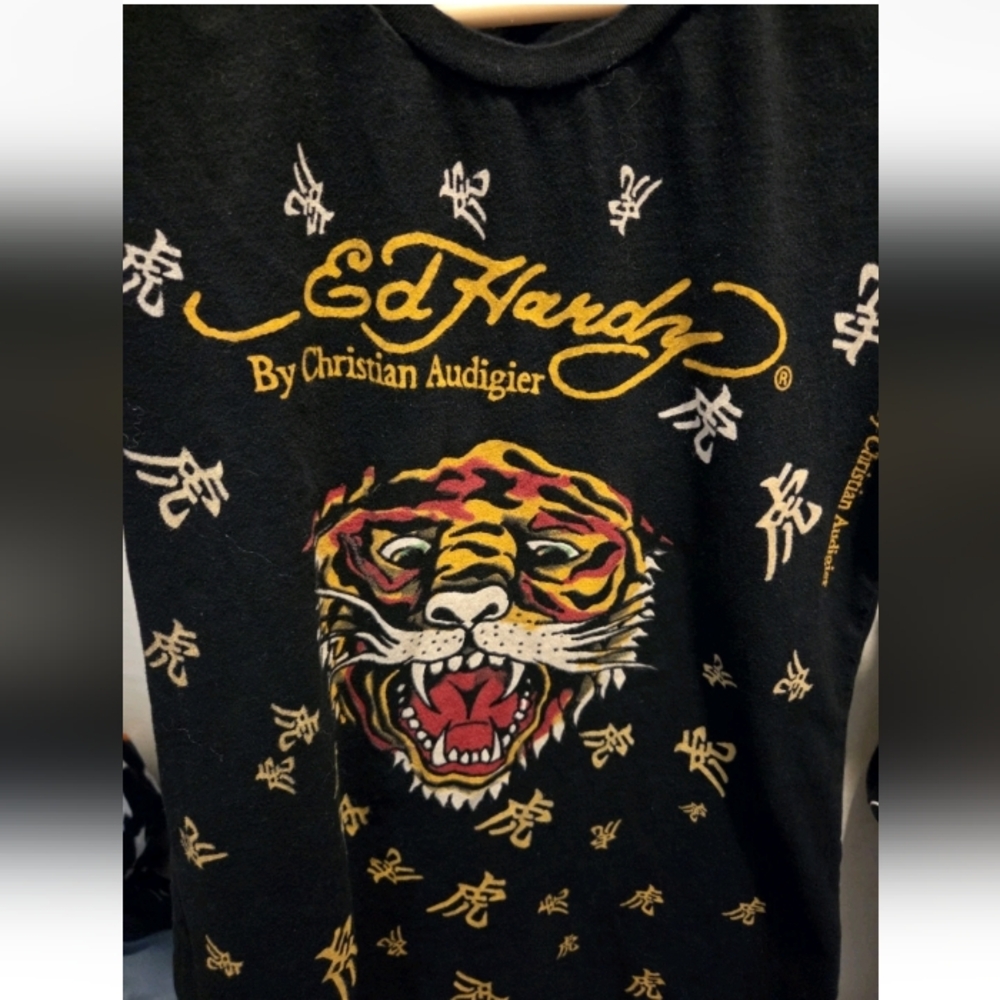 Rare Ed Hardy by Christian Audigier Black Shirt w Tiger & Initial Logo Print M